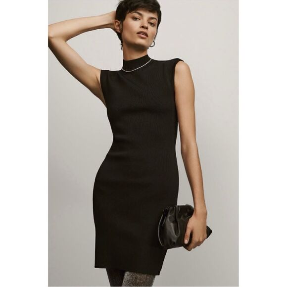 NEW Anthropologie Grey Lab Black Strong Shoulder Sweater Mini Dress Small Large - Picture 1 of 4